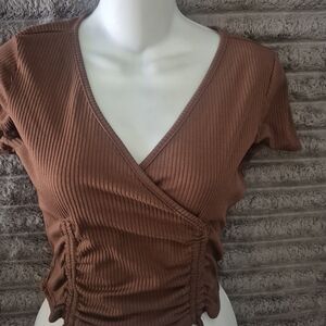 Elegant Brown Ribbed Wrap Top